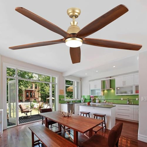 Ventilador de techo para exteriores de 132 cm sin luz, ventilador de techo de nogal macizo y control remoto, ventilador de techo moderno con motor de DC reversible silencioso para cenador de porche
