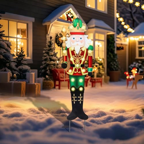 Outdoor Nutcracker Christmas Yard Stakes - Metal Signs With LED Light Soldier King for Lawn Party Decorations