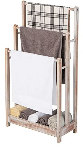 COSTWAY Porte-Serviettes sur Pied en Bois, 3 Barres et Étagère de Rangement Inférieure, Dispositif Anti-Renversement, Support Serviette pour Salle de Bain, Buanderie, 22 x 45 x 86 cm, Blanc Vintage