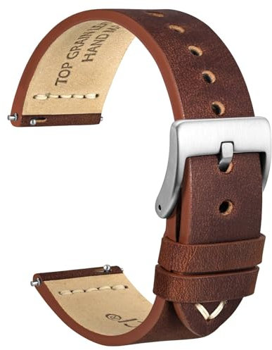 WOCCI 17mm Antikes Uhrenarmband für Herren, Sattelleder, Silberne Schnalle (Pekannussbraun)