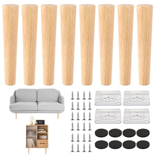 AKOLAFE 8 Stück Möbelfüße Holz 20cm Tischbeine Holz Eiche Robuste Möbelbeine Rund Holzbeine Holz mit Montageplatten und Schrauben Schwerlaste Schrankfüße Holz für Sofa, Bett, Schrank, Stuhl, Tisch