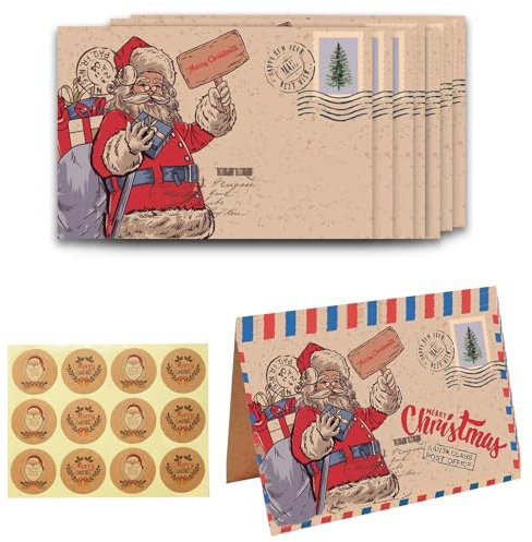36 Stück Weihnachts Briefpapier mit Umschlag Set 12 Vintage Kraftpapier Umschläge 12 WeihnachtsgrüßE Karten 12 Vintage Seal Stickers Handgefertigte Geschenke zum Schreiben von Geburtstag Weihnachten