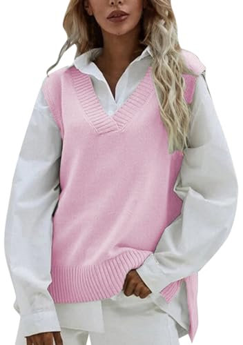 Pull décontracté sans manches avec col en V côtelé pour femme, rose, Taille unique