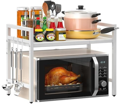 Rainbow Tree 2-Tier Expandable Microwave Oven Rack Countertop for Kitchen, Microwave Shelf Stand Metal with 6 Hooks, Baker Rack, Adjustable Kitchen Shelf Organizer White(White, 2-Tier)