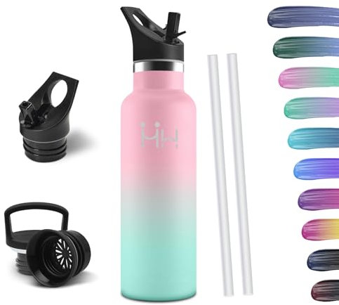 HoneyHolly Bouteille Isotherme 500ml, Gourde INOX avec Paille, Bouteille d'eau sans BPA, Réutilisable, Anti-Fuite, Isolation sous Vide en Acier Inoxydable à Double Paroi, pour Enfants, Adultes, Sport