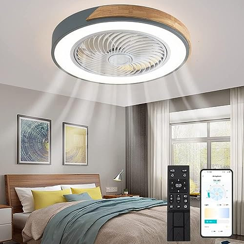 Modern Wood Ceiling Fan with Lights and Remote Control Dimmable LED Fan Lamp for Room Low Profile Design 6 Wind Speeds 3 Color Options Grey Wood Finish 20/50cm Made in China