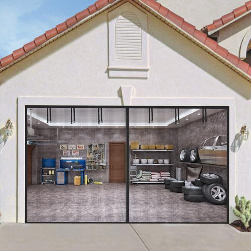 PIGETALE Garage Door Screen for 2 Car 16x7FT, Magnetic Closure Heavy Duty Garage Screen Doors Hands Free with 6 Roll Up Starps for Patio, Retractable Fiberglass Screen Door Mesh Curtain Cover Kit