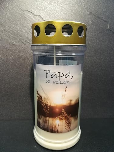 JEKA Gedenkkerze, Grabkerze Motiv: Papa - du fehlst, Brenndauer 4 Tage, 170x75mm, Wind- & Wetterfest, 100% Pflanzenöl, Golddeckel, Grablicht (24)