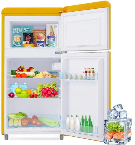 Merax Retro Kühlschrank, Doppeltür, 72L Gesamtvolumen, 21L Gefrierfach, Energieklasse E, 120 kWh/Jahr, LED-Beleuchtung, 3 verstellbare Einlegeböden Gelb