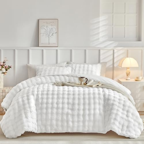 Lekesky Fluffy King Size Duvet Cover Sets Fluffy Bedding - Shaggy Faux Fur Bedding Sets King Size (1x Quilt Cover + 2x Pillowcases) Soft Warm Teddy Fleece Duvet Set 200x200 cm, White