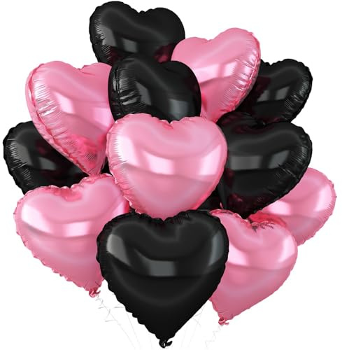 Fesnova Set di 12 palloncini a forma di cuore, colore nero, rosa, palloncini rosa e nero, per compleanno, fidanzamento, festa della mamma, San Valentino