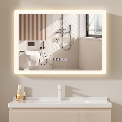 YU YUSING Miroir de Salle de Bain avec Éclairage 70X50cm, Miroir Lumineux LED Cosmétique Mural avec 3 Couleurs Dimmables de Lumière, Interrupteur Tactile, Anti-buée, Affichage L'heure, IP44 Étanchéité