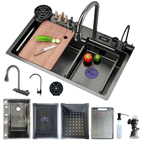 aBrstheco Evier de Cuisine en Acier Inoxydable avec Robinet Mitigeur Multifonction et Douchette Extractible à 3 Jets Panier Filtrant et Planche à Découper(Spüle-2)