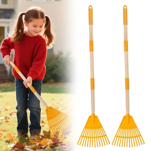 2 Pieces Garden Rakes, Leaf Rake, Plastic Adjustment Broom Removable Heavy Duty Agriculture Home Gardening Tool for Kids Flower Beds, Kids, Shrubs (Yellow)