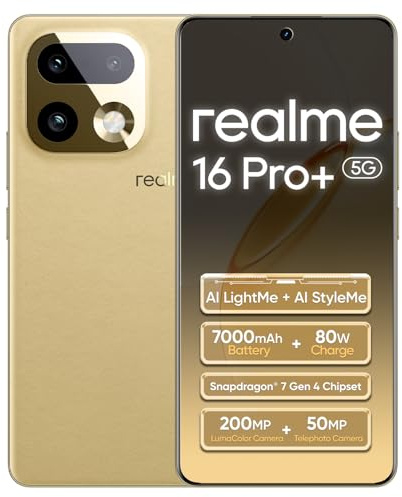 realme 16 Pro+ 5G Smartphone 12+512GB,Oro Master,6,8'' AMOLED 144Hz,Ricarica 80W Ultra Veloce,Batteria 7000mAh,Tripla Fotocamera 200MP,Snapdragon 7 Gen4,Fotocamera Frontale 50MP,IP69