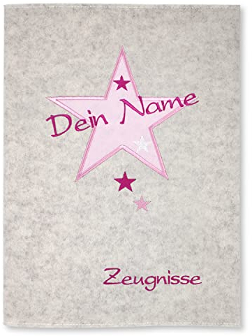 Goldi-Design Zeugnismappe Stern weiß/rosa personalisiert mit Namen 100% Wollfilzumschlag und Sichtbuch DIN A4 mit 20 Hüllen
