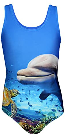 Aquarti Badeanzug Mädchen – Sportlicher Mädchen Badeanzug mit Ringerrücken Print, Farbe: Delphin/Blau/Grün, Größe: 134