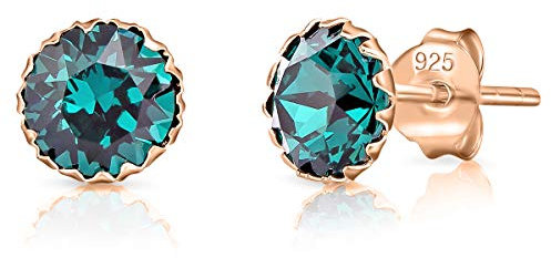 DTPSilver - Damen Ohrringe 925 Sterling Silber Rosèvergoldet mit Kristallen 6 mm Runde Ohrstecker - Farbe : Smaragd