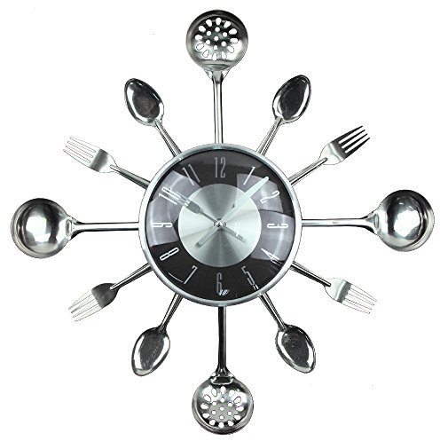 Wall Clock, Timelike 18 Metal Kitchen Cutlery Utensil Spoon Fork Wall Clock Creative Modern Home Decor Antique Style Wall Watch (Black)