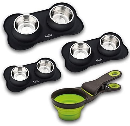 Jikika Gamelle Chien et Gamelle Chat en Acier Inoxydable avec Tapis en Silicone Antidérapant pour Animaux Domestiques,Durable,Sécurité et Accessoires Chiens, Pelle Alimentaire (200 ML Noir)