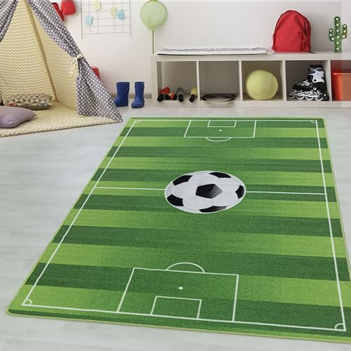 Kinderteppiche für Kinder Fußball Stadion Design Spielteppich Fußballfeld Motiv Waschbar Jungen & Mädchen Teppich für Kinderzimmer Babyzimmer Spielzimmer Teppich Farbe: Grün, Grösse: 140 x 200 cm