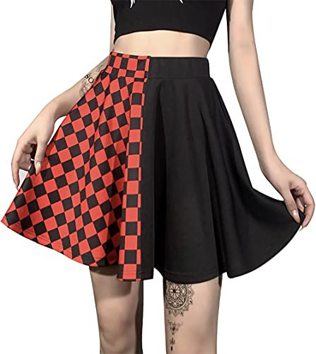 DINGJIUYAN Gothic Girl Gothic Rock Schwarz Hohe Taille Grunge Harajuku Punk A-Linie Plaid Plissee Rock Grunge Dark Academy, kariert rot, 48