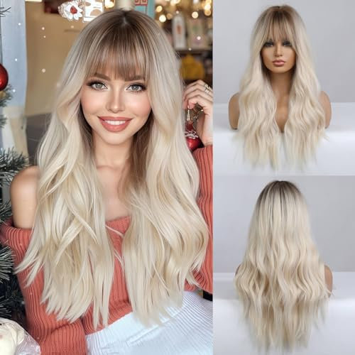 Esmee 26 Zoll Lange Blonde Perücke mit Pony Natürliches Synthetisches Haar Ombre Blonde Gewellte Perücke mit Dunklen Wurzeln für Frauen Täglich Party Cosplay Tragen