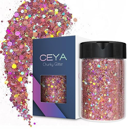 Ceya Holographic Chunky Glitter, 4.9oz/ 140g Pink Mauve Craft Glitter Powder Mixed Fine Flakes Iridescent Nail Sequins for Nail Art, Hair, Epoxy Resin, Tumblers, Slime, Painting, Festival Decor
