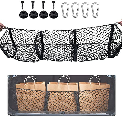 3 Pocket Cargo Net Trunk Bed Storage, Car Shopping Bag Organiser With 4 Metal Hooks Flexible Nylon Cargo Nets For Trucks, Campervans, Boot Space, Car, Van, Suv 43''X12''