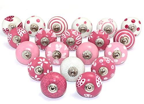 Eleet Assorted Ceramic Cabinet Knobs - Vintage Cabinet Cupboard Door & Drawer Pulls Chrome Hardware (Ceramic Knobs Set of 20, Dark Pink & White)