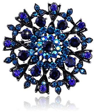 MAYIYAHO Antike versilberte Blütenblattblume Brosche Pin für Mutter Geschenk Pfau Blau Kristall Strass Schal Clips Einzigartige Schmuck Anhänger