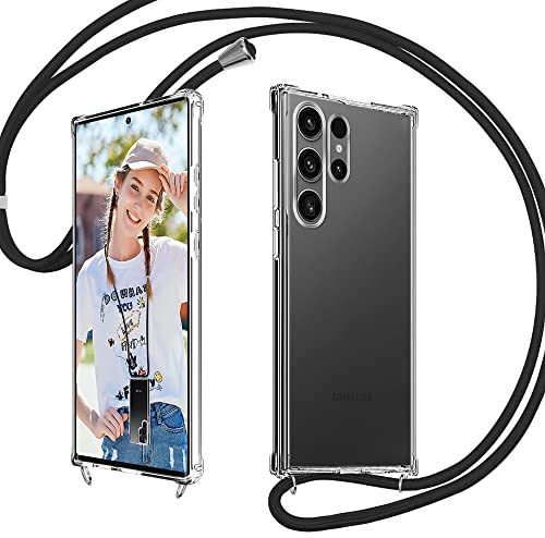 Rosyhulle Handykette für Samsung Galaxy S23 Ultra 5G Hülle mit Band, Transparent Silikon Handyhülle für Samsung S23 Ultra zum Umhängen Schutzhülle mit Kette TPU Stoßfest Cover Halskette Schwarz