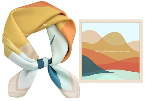 GIMIRO Schal aus imitierter Seide [53 x 53cm] Quadratische Schals Seidenschal Damen Mint-Koralle-Marineblau Geometrisches Muster Modern (Colorful Hills)