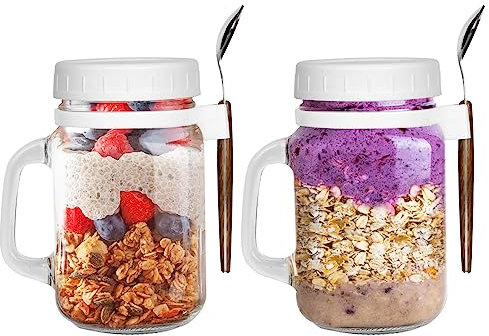porlik 2 Pack Joghurtbecher Overnight Oats Gläser,450ML Overnight oats behälter,Mason Jars mit Deckel für,Cereal On The Go Container,joghurtbecher to go mit Löffel, Glas müslibecher to go