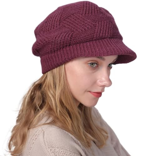 Damen Warme Gefütterte Wintermützegestrickte Schirmmütze Baseballmütze Warm Winter Beanie Hut Knitted Hat mit Weiches Dickes Fleecefutter (Rosenrot)