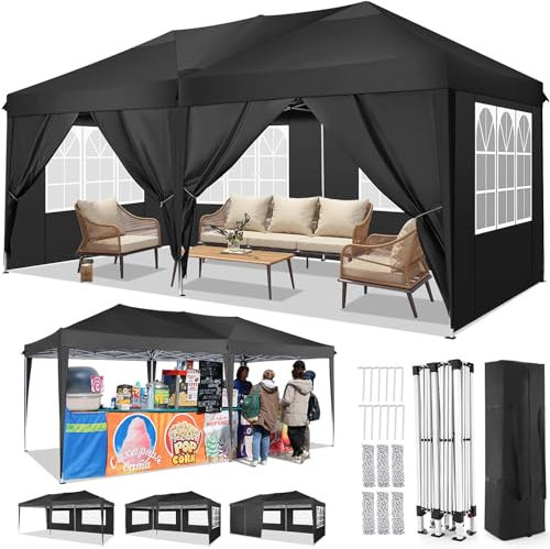TOOLUCK Tonnelle 3x6m Tonnelle Pliante 3x6 Barnum Pliant Tonnelle de Jardin Exterieur Imperméable Professionnel Tente de Reception Camping avec 6 Côtés, Noir