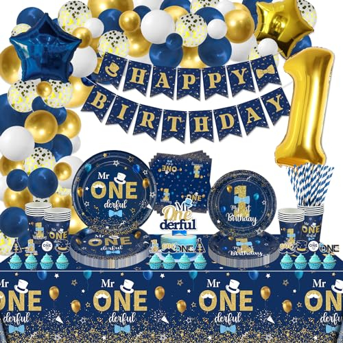 XJLANTTE 172 PCS Mr Onederful Birthday Decorations - Blue Gold Plates, Napkins, Cups, Balloons, Banner, Cake Topper and Tablecloth for Baby Shower 1st Boy Decorations, Serve 20, JY-25