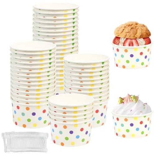 Kleemeiero 50PCS Gobelets à Glace Gobelets en Papier à Dessert Bols de Crème Glacée Tasses à Dessert Pot de Glace Bols à Glace avec Cuillères Coupes à Glace en Papier pour Dessert, Glace