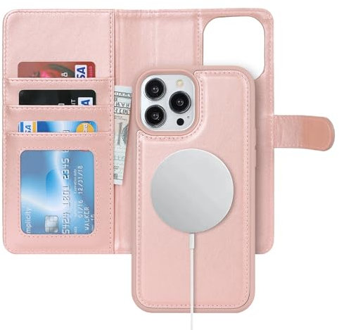 Zouzt for iPhone 15 Pro Max 6.7 Inch Detachable Wallet Case with Card Holder for MagSafe, Premium PU Leather 2 in 1 Flip Folio Book Magnetic Stand Protective Phone Cover - Rose Gold
