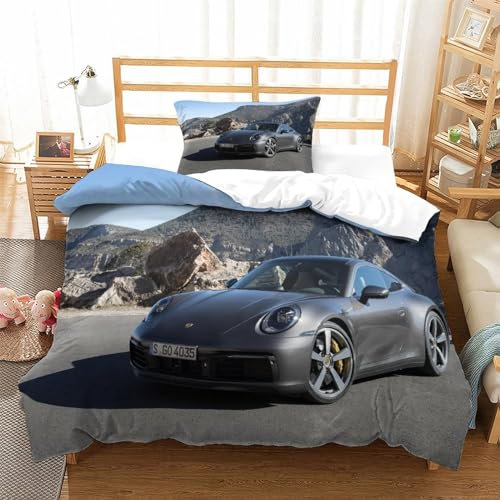 Porsche 911 Bettwäsche Set Bettbezug Set Für Kinder Jungen Mädchen Weich Atmungsaktiv Microfaser Betten Set Mit Reißverschluss Und Kissenbezug 2 Teilig Sets Single(135x200cm)