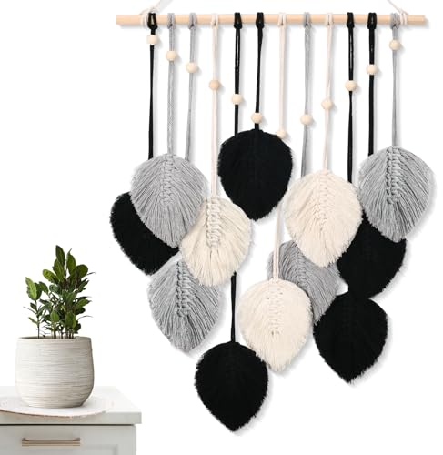 ASMPCUE Makrame Wand Hängende Blätter, Boho Wand Dekor Kunst Feder Tapestry, Handgemachte Garn Quasten Dekorationen mit 12-Blättern für Wohnzimmer, Schlafzimmer, Wanddeko, 20 X 27.5 Zoll, Schwarz