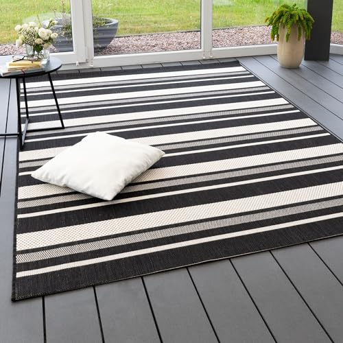 Steffensmeier In- und Outdoor Teppich Bergen Küche Balkon Garten Flur, wasserfest, Kunststoff, Streifen Schwarz, Größe: 160x230 cm