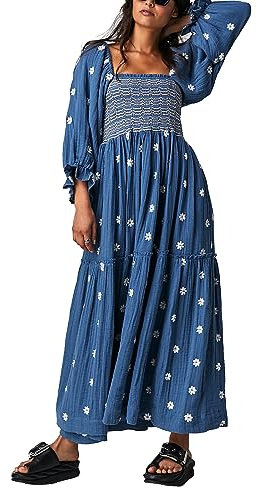 Acrawnni Women's Flower Embroidered Maxi Dress Long Puff Sleeve Square Neck Smocked Tiered Bohemian Flowy Dress Beach Long Dress (A-Dark Blue, L)