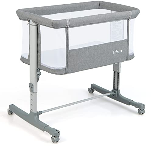 LIFEZEAL 3 in 1 Beistellbett, 5-stufig höhenverstellbares Babybett, Babywiege Stubenwagen mit Matratze, Mobiler Reisebett auf Rollen mit Tragetasch, Kinderbett für Baby ab Geburt bis 9 kg (Hellgrau)