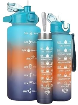 YSAMAX Water Bottle With Straw, Reusable BPA Free Sports Water Bottle, Leakproof Drinks Bottle With Time Markings, Motivational Quotes, 3PCS - 2L, 700ML, 300ML, Blue