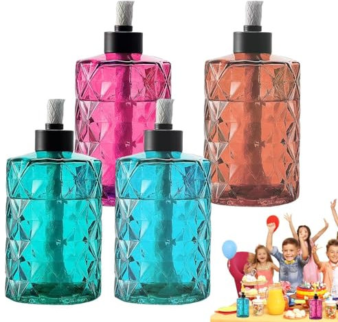 Torches en verre pour l'extérieur | 4 lanternes décoratives de table de grande capacité | Lumière en cristal texturé | Torche de table en verre | Torche rechargeable pour décoration de bureau