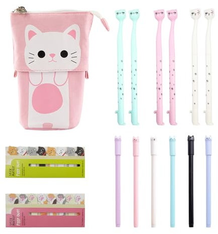 Zfseyuh 15 Stück Süß Katze Schreibwaren Set, Süßer Katze 2-in-1 Schlampermäppchen Bunt Katze Gel Tintenstifte Haftnotizen Katze für Verwendung in Schulen, Büros, Studenten, Erwachsenen