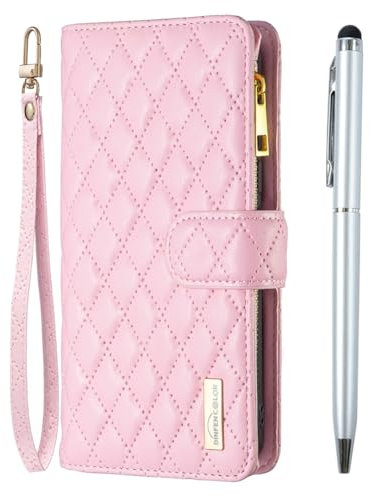 Designed for iPhone 15 Plus Zipper Wallet Case, Shockproof PU Leather Flip Case with Removable Wristlet Strap, Women Girls Magnetic Clasp Kickstand Card Holders Bumper Cover with Pen, Pink