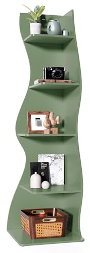 LITTLE TREE Bücherregal Ecke, Modernes Regal Schmal mit 6 Ebenen, 50 x 48 x 179 cm Bücherregal Holz, Standregal mit Wellen-Design für Kleine Räume, Wohnzimmer & Schlafzimmer, Grün, 1er Pack