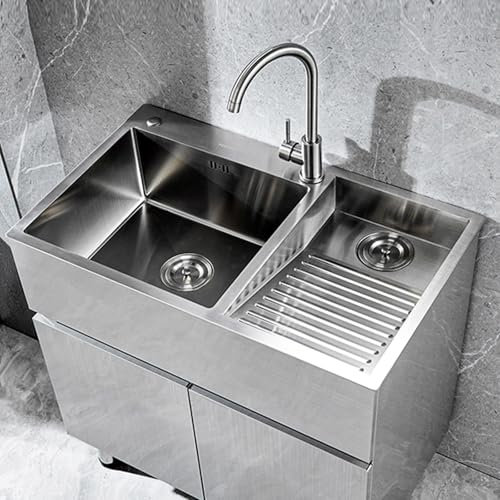 Fregadero De Acero Inoxidable Con Tabla De Lavar: Lavabo Para Uso General Hecho A Mano Para Lavadero, Taller Y Garaje: Acabado Cepillado Duradero, Lavabo Profundo Con Drenaje Eficiente(Right-b,90cm)
